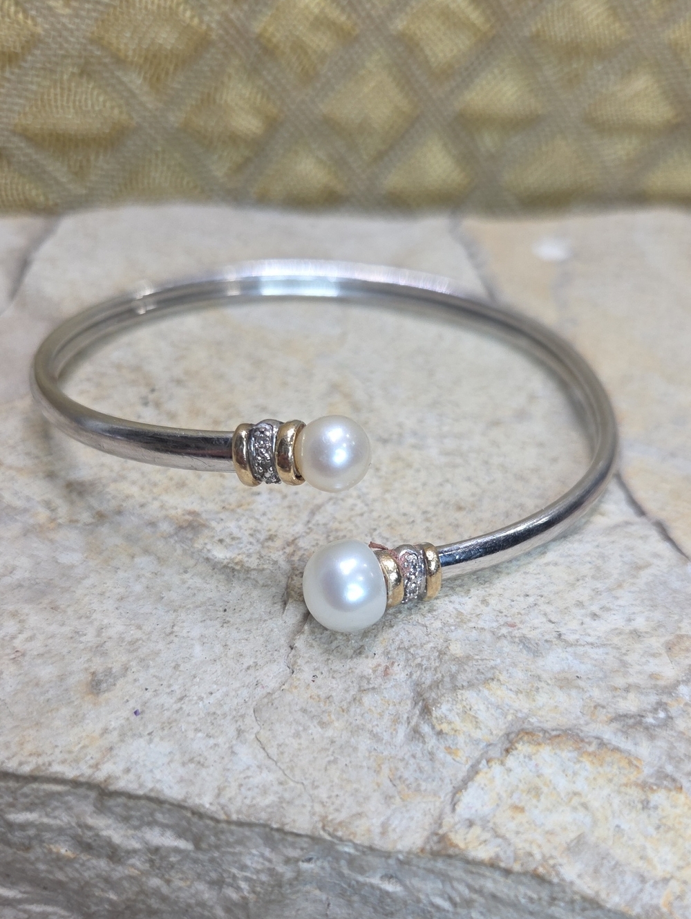 14K Gold 925 Sterling Silver Genuine Diamond & Pearl Accent Open Cuff Bracelet